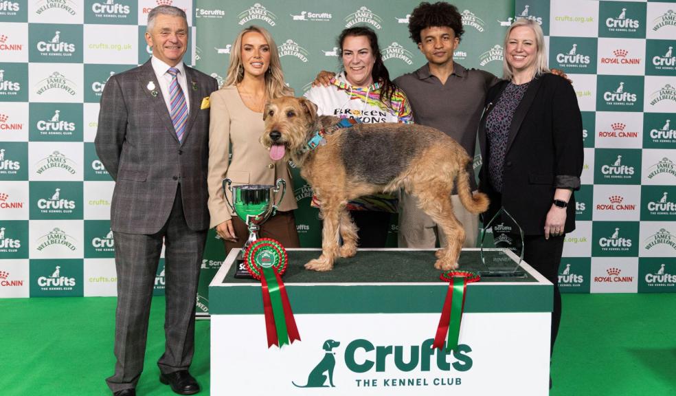 Diesel, winner of Scruffts at Crufts 2024, with owner Claire Whitehead