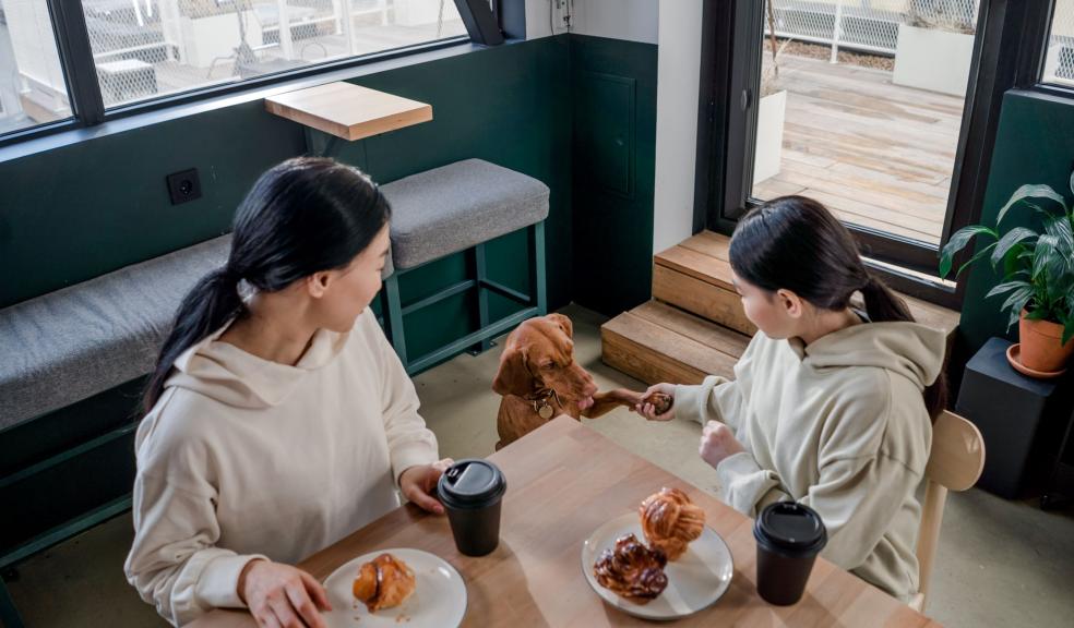 Mother and Daughter Sitting at the Table Having Breakfast Beside a Dog