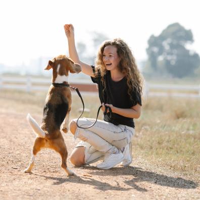 Excited woman teaching dog to beg